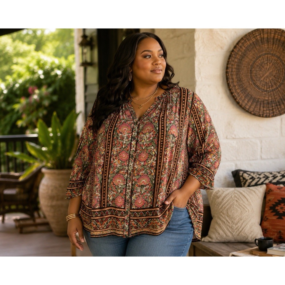 Boho Floral Paisley Border Print Tunic Blouse Button Front 3X Plus Size